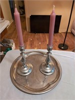 Silver colored tray w Stieff pewter candlesticks
