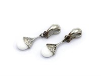 Sterling silver & white glass drop clip earrings