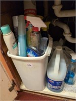 Trash can of cleaning supplies
