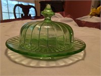 Vintage green glass cheese ball dish w lid