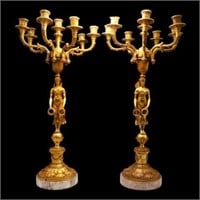 Gilded Bronze on Marble Figural Candelabra Pair.