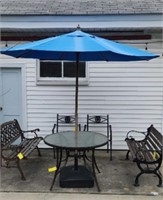 GLASS TOP TABLE W/ UMBRELLA & STAND