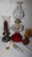 2 Oil Lamps & Candle Holder