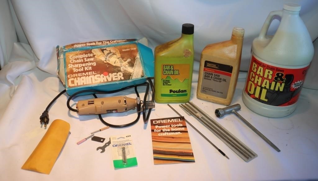 Chainsaw Oil, Dremel Chain Sharpener, Files,…