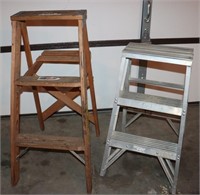 2 Small Step Ladders: Aluminum 27" Wood 34"