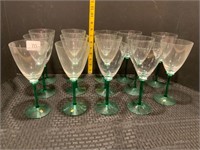 14 Green Stemmed Wine Glasses Made In Hungary