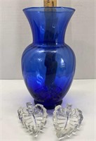 Cobalt Vase & leaf trinket holder lot