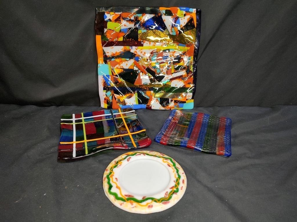 4 Colorful Fused Glass Decorative Plates