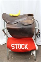 3 Pcs. Vtg. Brown Leather Horse Saddle, Blanket+