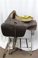 Vintage Tooled Leather Horse Saddle W/Stirrup (1)