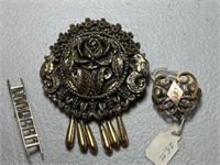 3 vintage gold tone brooches