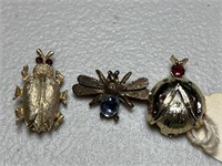 3 vintage bug brooches with stones, lady big has