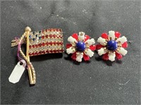 American Flag pin with rhinestones &  earrings