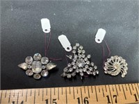 3 vintage pins with rhinestones