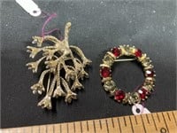 2 vintage pins with red & white rhinestones