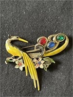 Vintage bird brooch with 3 colored rhinestones