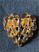 Vintage 2 tone amber rhinestone heart shaped