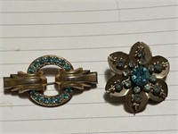 2 vintage gold tone brooches with aqua
