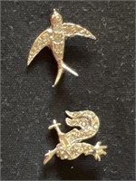Vintage rooster and bird in flight pins with