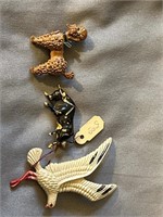 Vintage poodle, Bull and bird brooches