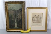 Orig. Early Waterfall Painting & French Fash.Litho
