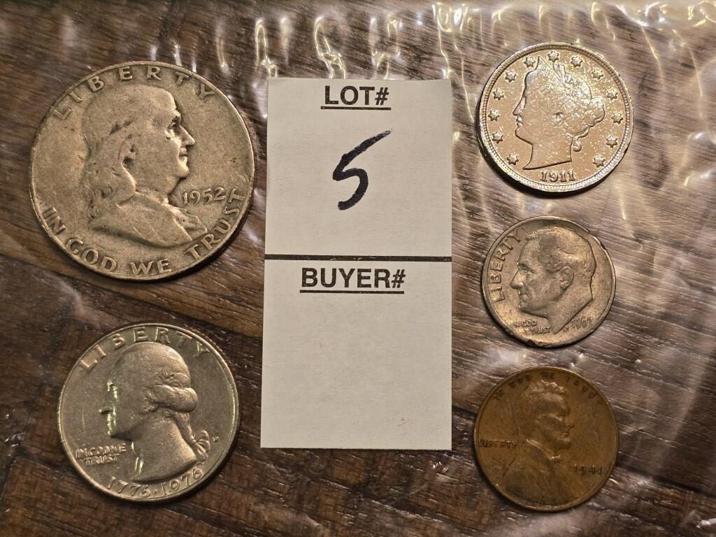 5 coin lot  1952 Half, Bicent. Qtr, 1911 Liberty
