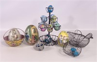 Easter: "Chein" tin basket / Wire hen & eggs /
