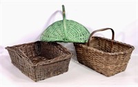 3 baskets: Green flower carrier / Wicker basket,