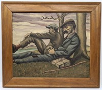 "Two Men Resting" 1945 Oil Painting