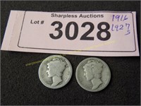 1916 and 1927 S Mercury silver dimes