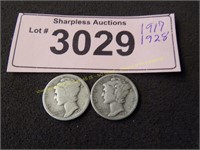 1917 and 1928 Mercury silver dimes