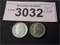 1955 and 1958 Roosevelt silver dimes