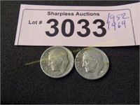 1952 and 1964 Roosevelt silver dimes
