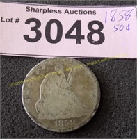 1858 Liberty seated silver half dollar