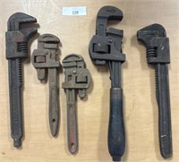 5 VINTAGE PIPE WRENCH TOOLS. 10IN-7IN