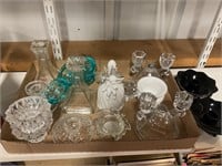 Glass, assorted, candleholders, and a bell