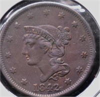 1842 LARGE CENT XF