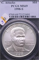 1998 S PCGS MS69 C ATTUCKS SILVER DOLLAR