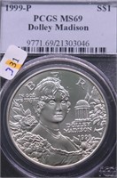 1999 P PCGS MS69 DOLLAY MADISON SILVER DOLLAR