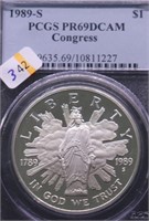 1989 S PCGS PF69DC CONGRESS SILVER DOLLAR