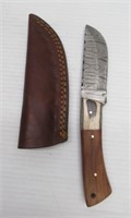 4" Damascus steel fixed blade knife with sheath.