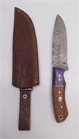 5" Damascus steel fixed blade knife with sheath.