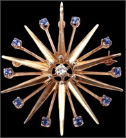 ANTIQUE 14K GOLD DIAMOND SAPPHIRE SUNBURST PENDANT