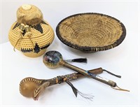 Native American Lot (Basket, Dish, Navajo Shakers)