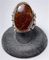 Xtra Large Sterling Baltic Amber Ring 14 G S-5.5-8