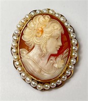 Large 12KT Gold Filled/Pearl Cameo Pin/Brooch 10 G