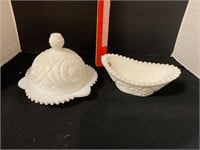 Milk glass butter dish and boat dish