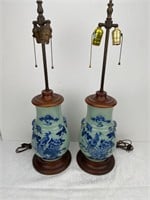 Pair of 19th C Chinese Cobalt Vases Lamped