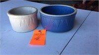 7.5” W x 4” blue sawtooth crock and 5.75”W x 3.5”