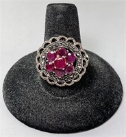 Sterling Marcasite/Ruby Cluster Ring 7 Gr Size 9
